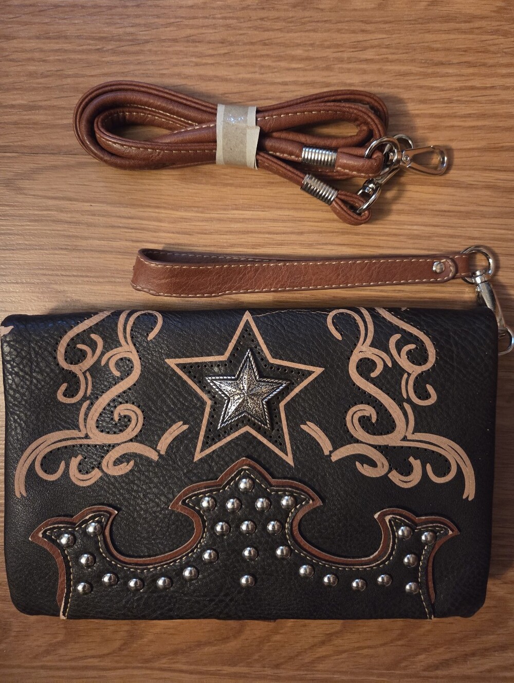 Western Star Studded Black & Brown Wristlet Wallet Crossbody Purse,By RC Couture